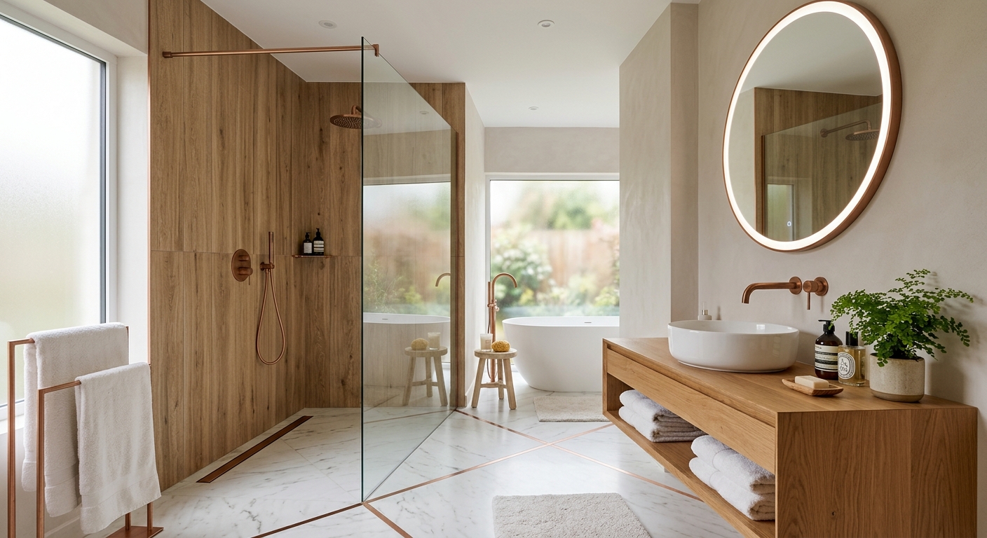 Salle de bain avec douche à l'italienne en céramique bois naturel et accents de cuivre