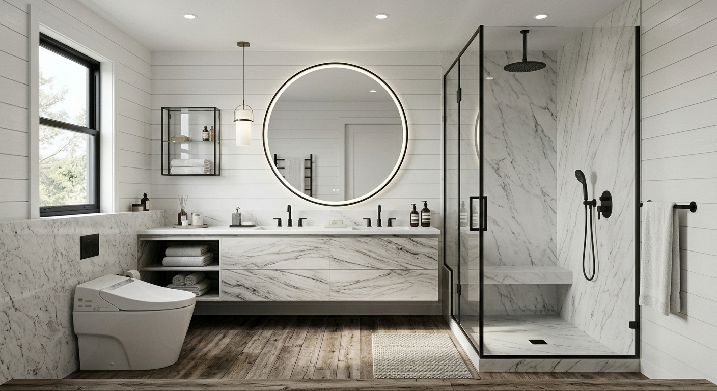Salle de bain en quartz et bois blanc effet marbre avec douche noire, vanité bois marbré et plancher bois de grange